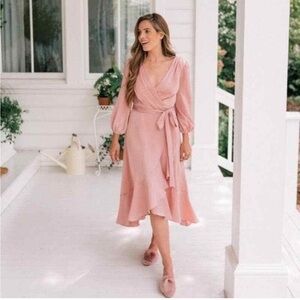 GAL MEETS GLAM Jennifer Shimmer Satin Ruffle Wrap Dress Mauve Pink US 00